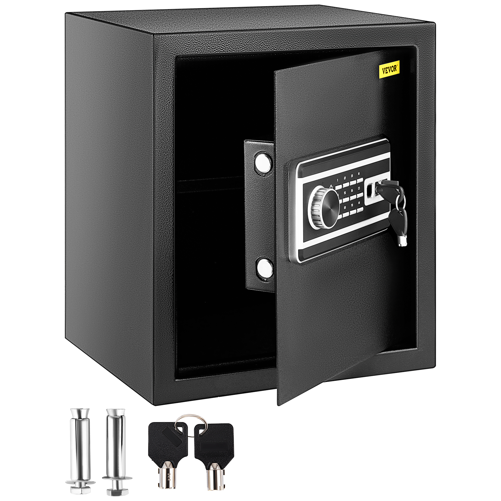 VEVOR fingerprint safe box with open door, keypad lock, keys, and bolts included.