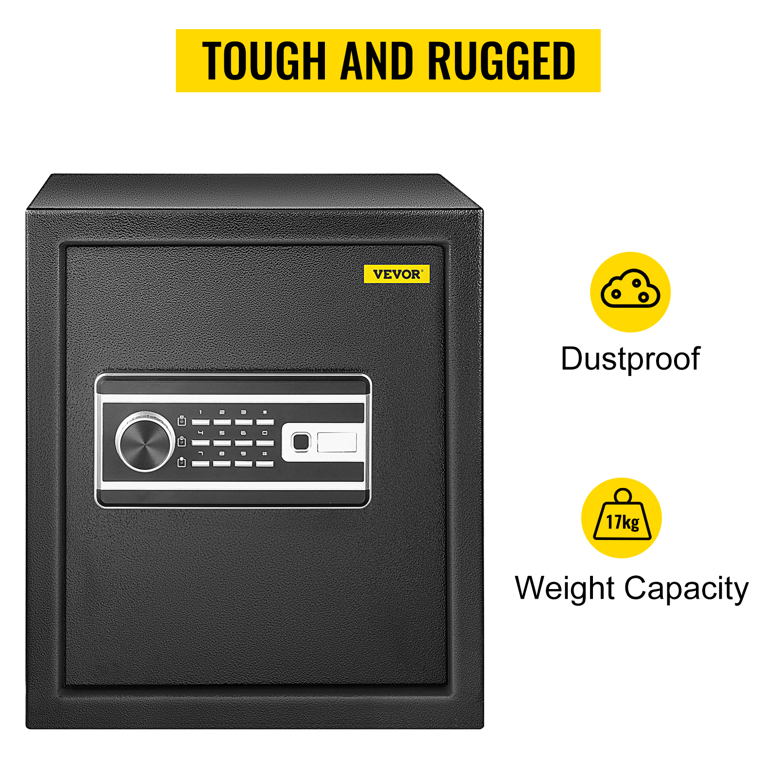 VEVOR fingerprint safe box, tough and rugged, dustproof, 17kg weight capacity.