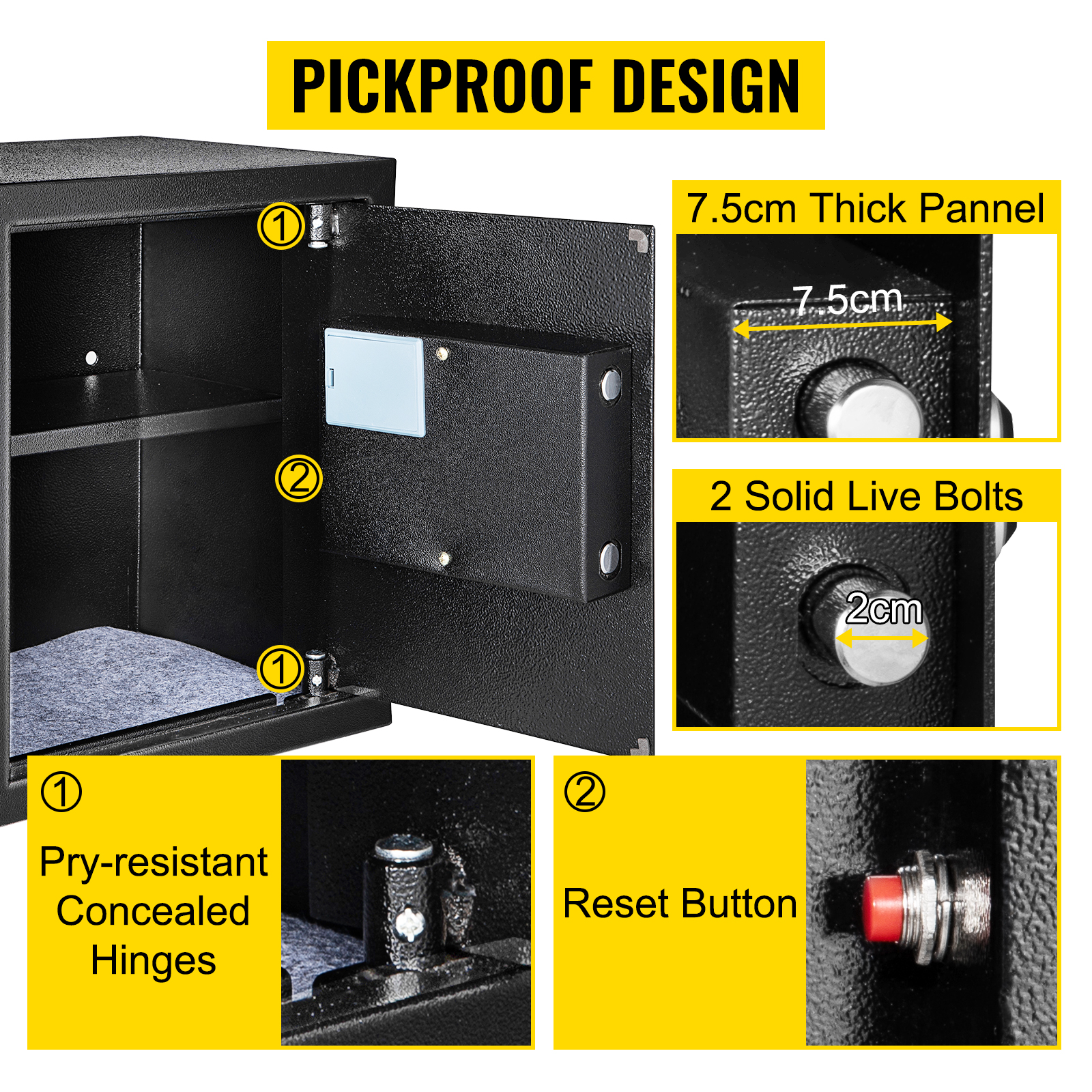 VEVOR fingerprint safe box with pry-resistant hinges, reset button, and 7.5cm thick panel.