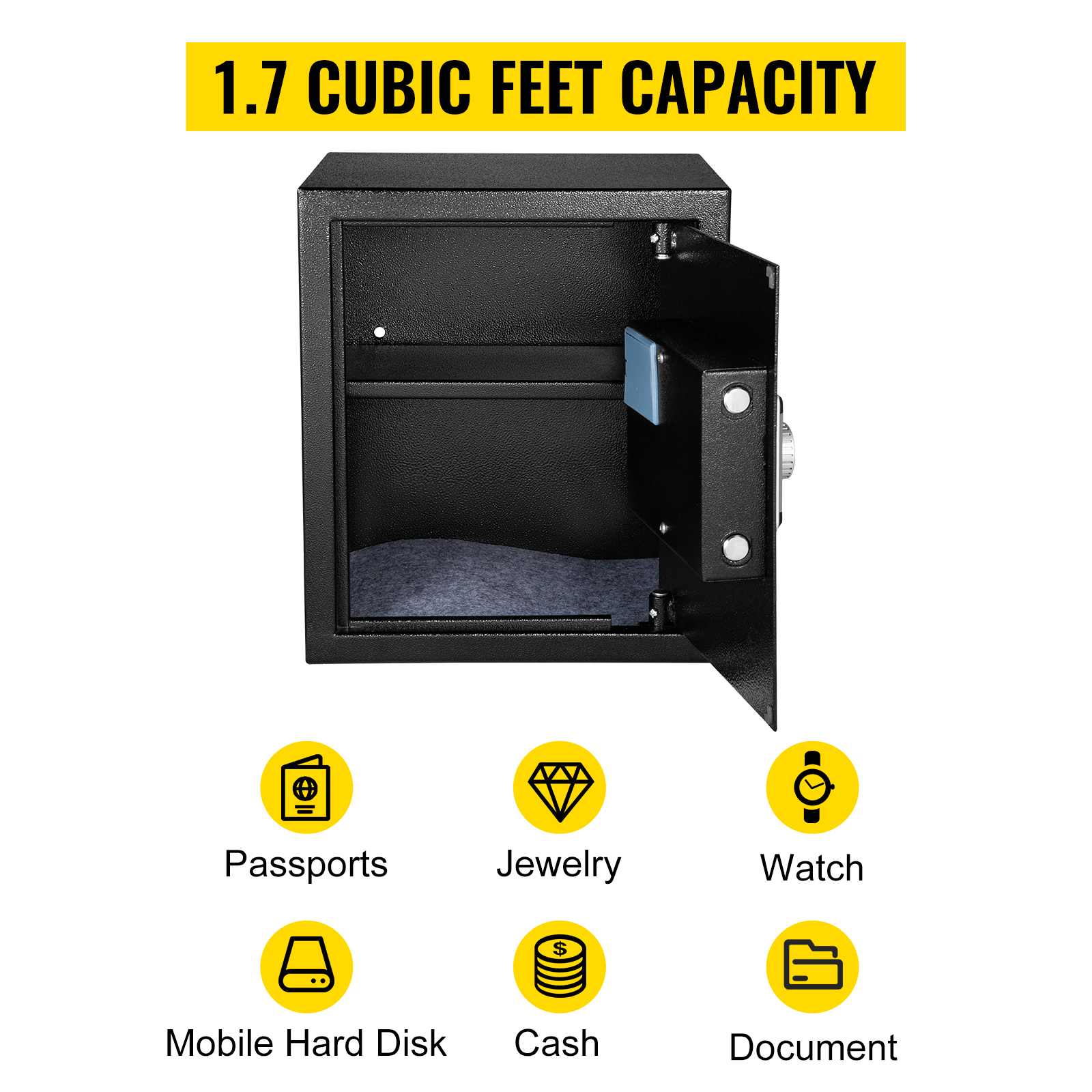 VEVOR fingerprint safe box with 1.7 cubic feet capacity, ideal for valuables storage.