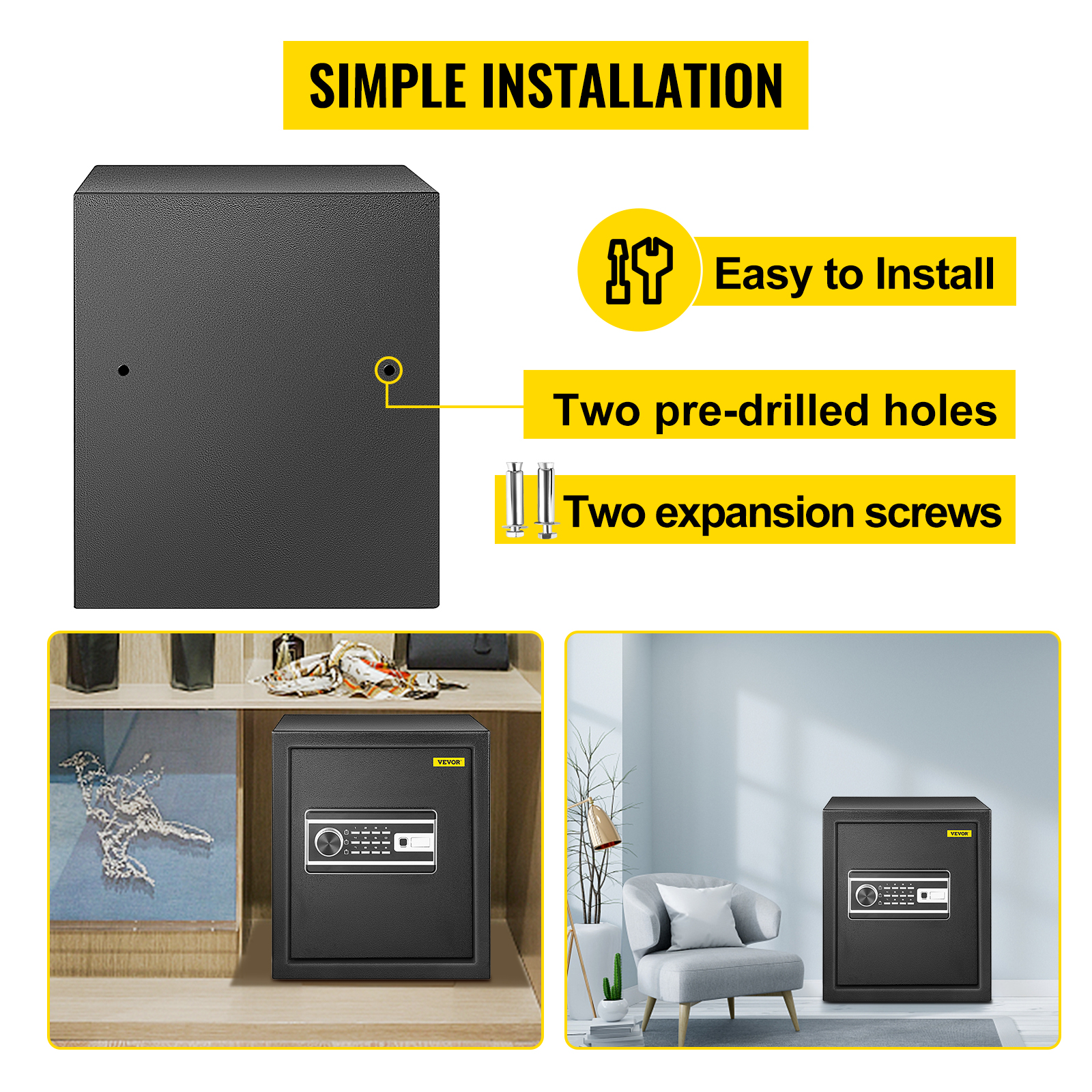VEVOR fingerprint safe box with easy installation and pre-drilled holes.