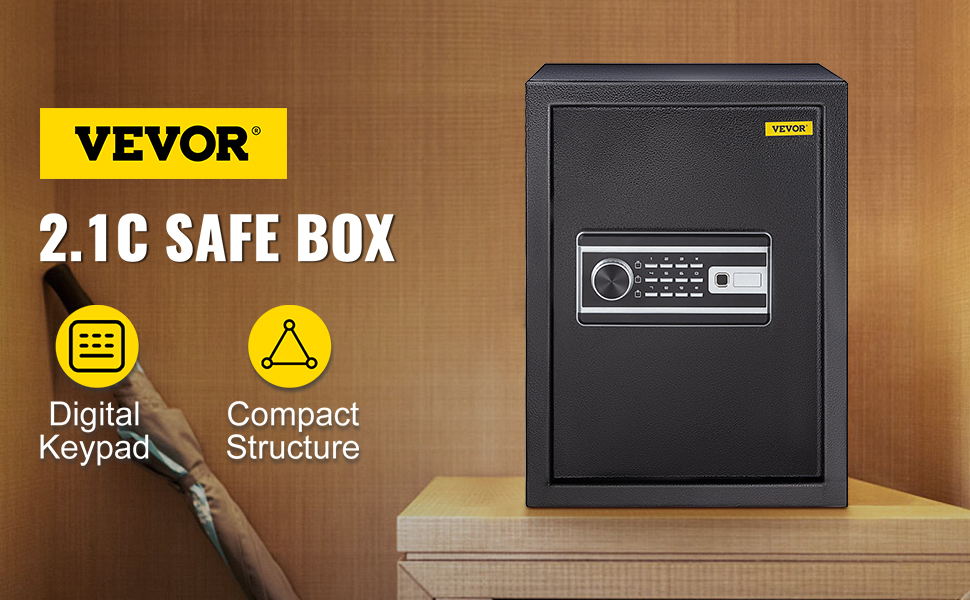 VEVOR fingerprint safe box, digital keypad, and compact structure on a wooden surface.