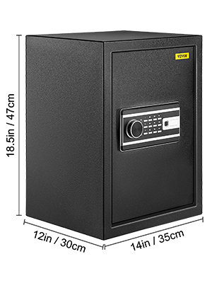 VEVOR fingerprint safe box, 18.5in h, 12in w, and 14in d with keypad and lock.