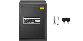 VEVOR fingerprint safe box with keypad, bolts, and keys.