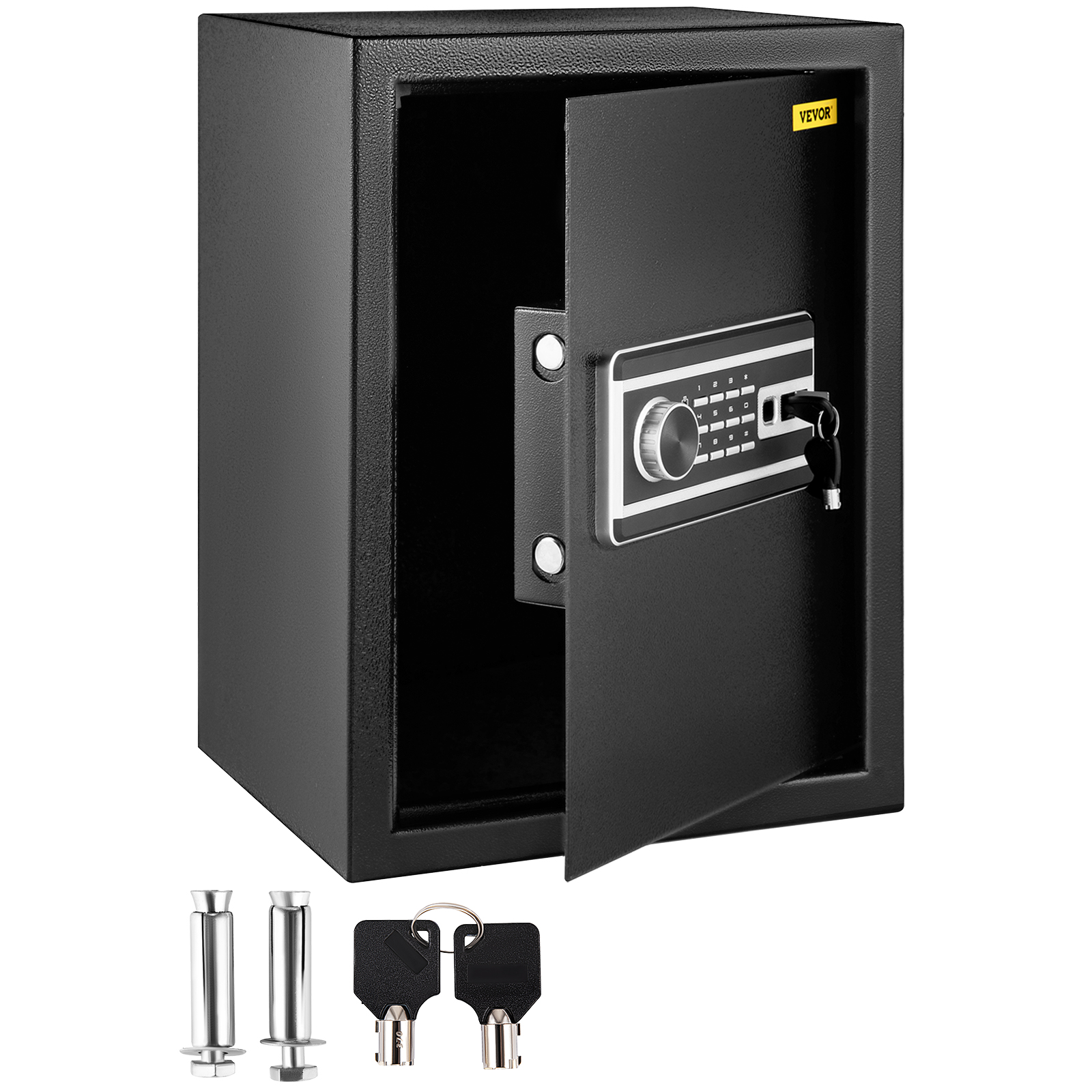 VEVOR fingerprint safe box with open door, keypad lock, keys, and bolts.