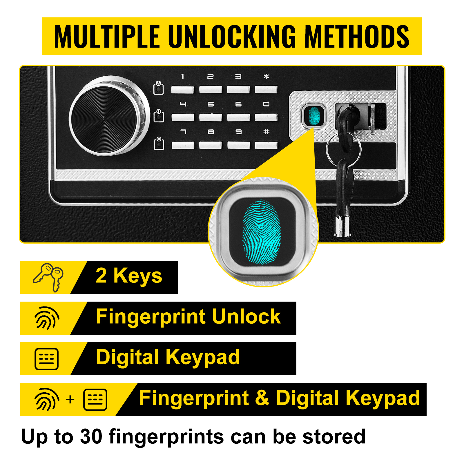 VEVOR fingerprint safe box with 2 keys, fingerprint unlock, and digital keypad.