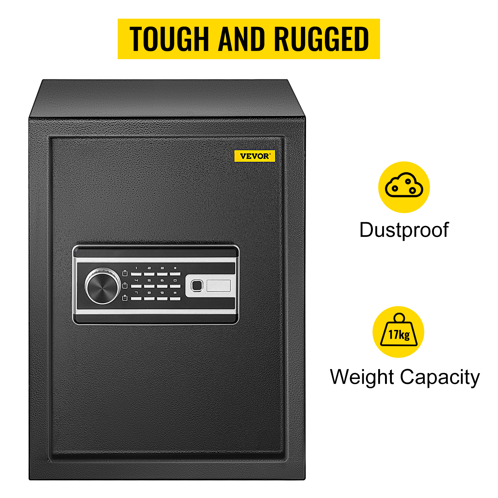 VEVOR fingerprint safe box: tough, rugged, dustproof, 17kg weight capacity.