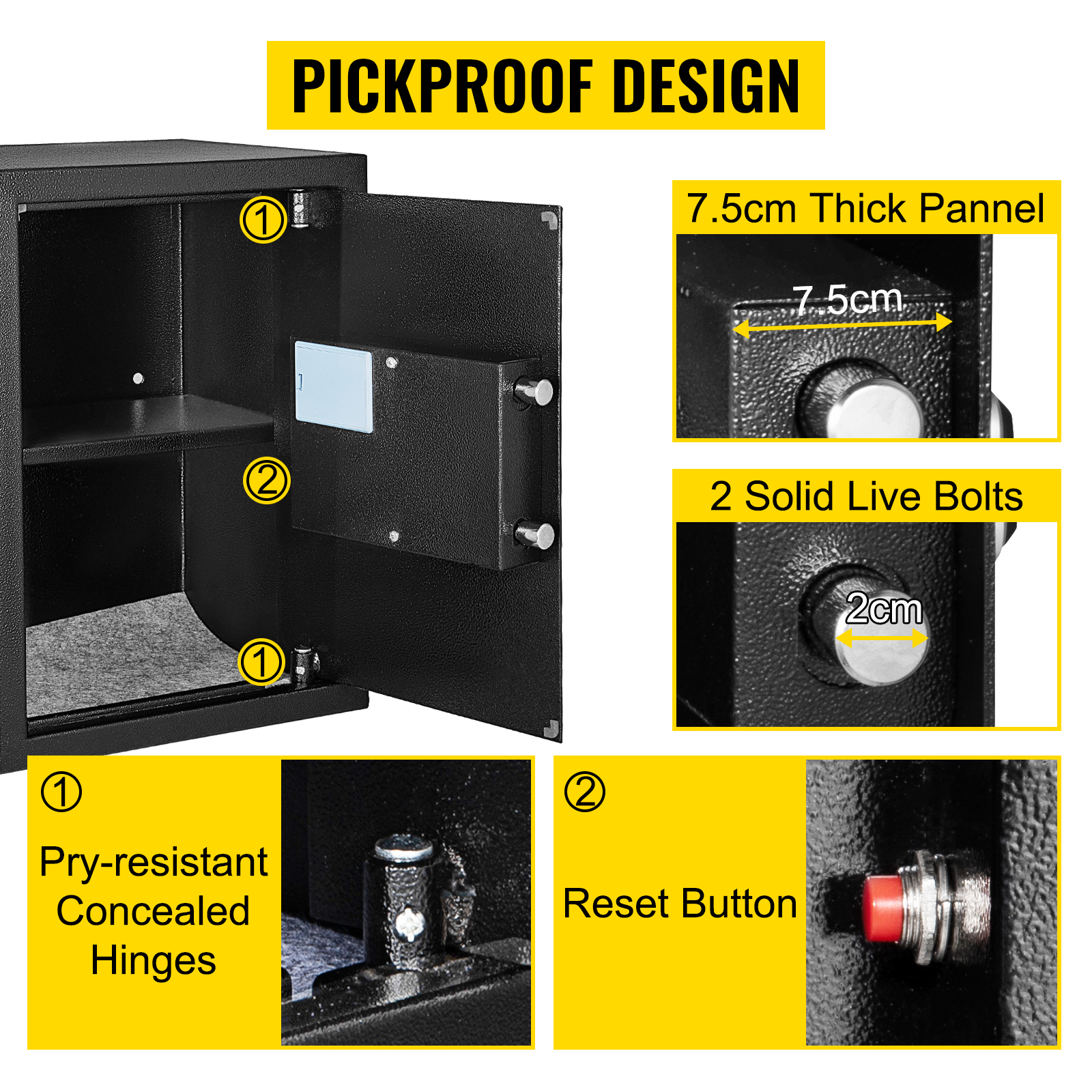 VEVOR fingerprint safe box with pickproof design, solid bolts, and concealed hinges.