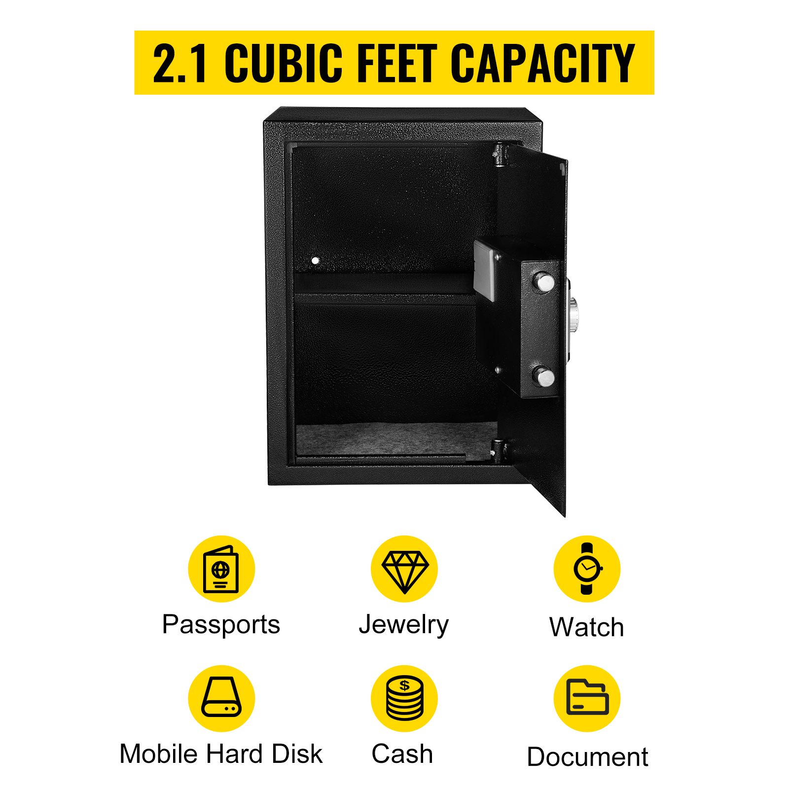 VEVOR fingerprint safe box with 2.1 cubic feet capacity for valuables storage.
