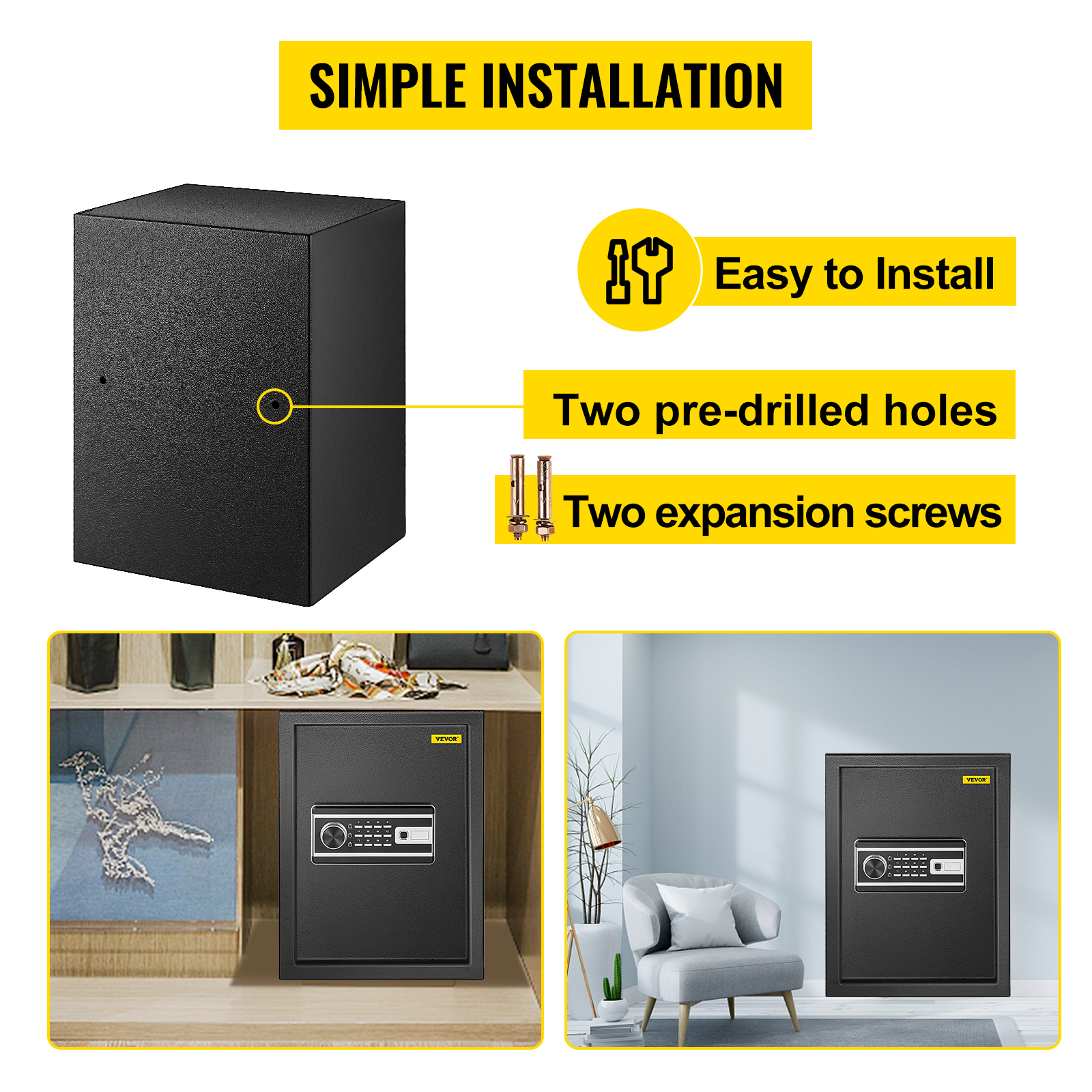 VEVOR fingerprint safe box with easy installation and two pre-drilled holes.