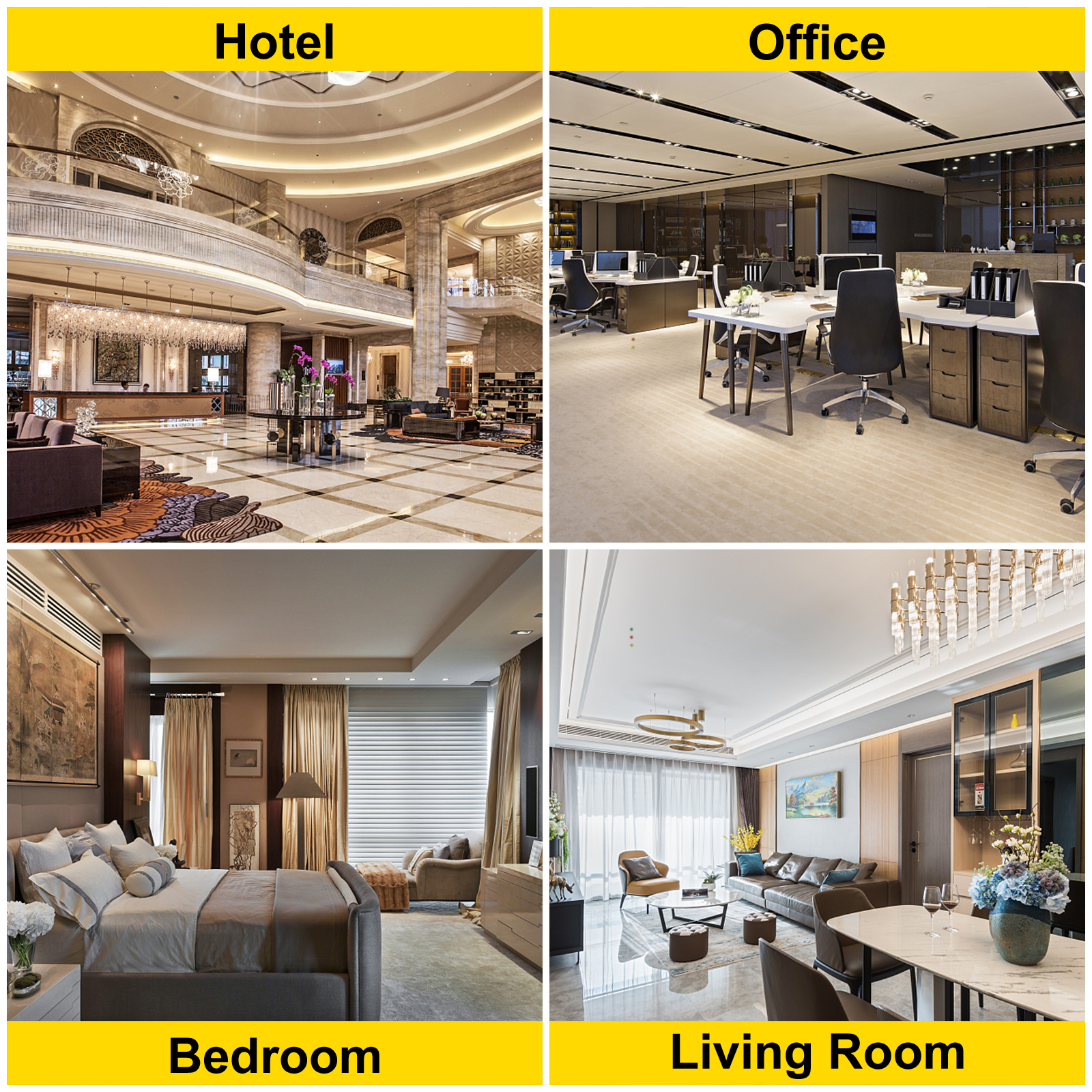 hotel lobby, modern office workspace, cozy bedroom, and elegant living room.