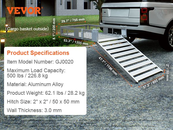 VEVOR hitch mount cargo carrier with ramp attached to a vehicle, detailed specs and package content.