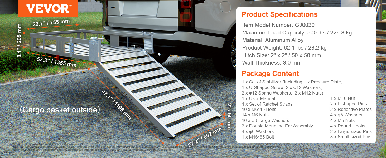 VEVOR hitch mount cargo carrier with ramp attached to a vehicle, detailed specs and package content.