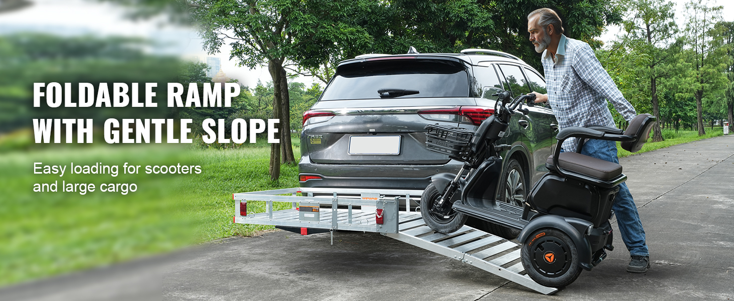 VEVOR hitch mount cargo carrier with foldable ramp for easy scooter and large cargo loading.