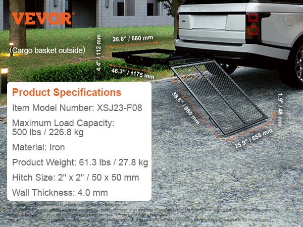 VEVOR hitch mount cargo carrier attached to vehicle, showing dimensional details and product specifications.