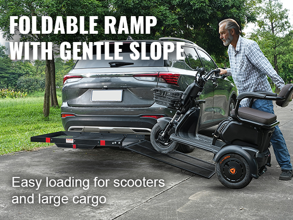 VEVOR hitch mount cargo carrier with foldable ramp for easy loading of scooters and large cargo.