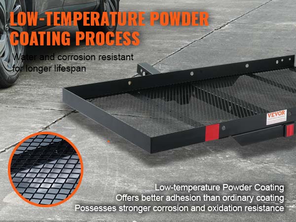 VEVOR hitch mount cargo carrier with low-temperature powder coating, water, and corrosion resistant.