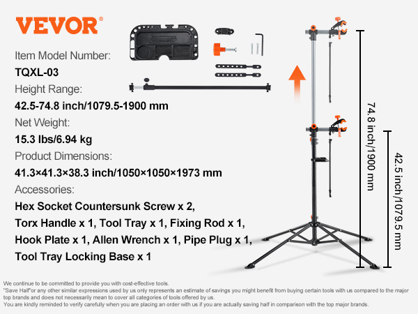 VEVOR bike repair stand tqxl-03 with height range, dimensions, and accessories on display.