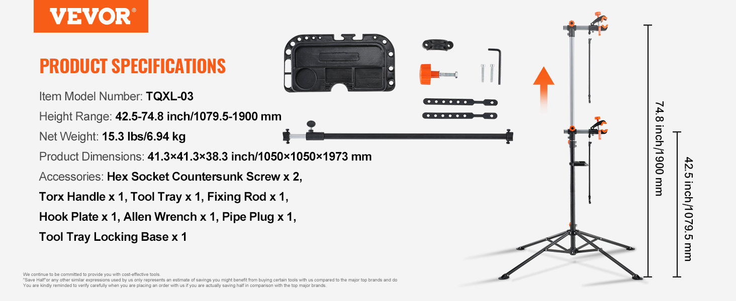 VEVOR bike repair stand tqxl-03 with height range, dimensions, and accessories on display.
