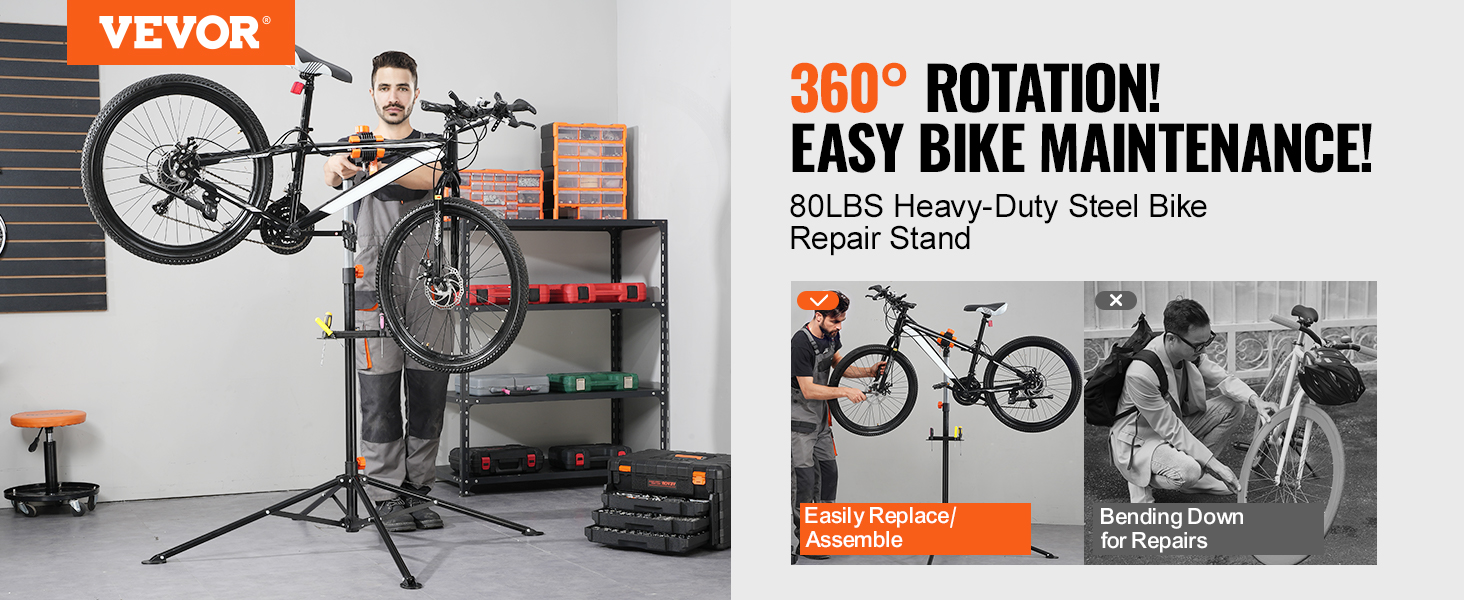 VEVOR bike repair stand holds mountain bike with 360-degree rotation for easy maintenance and repairs.
