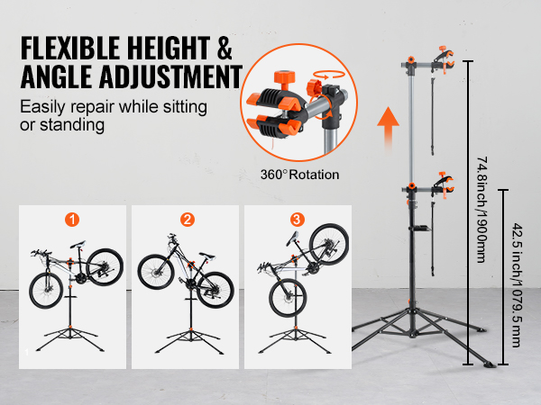 VEVOR bike repair stand with adjustable height, 360° rotation, and stability for easy bike maintenance.
