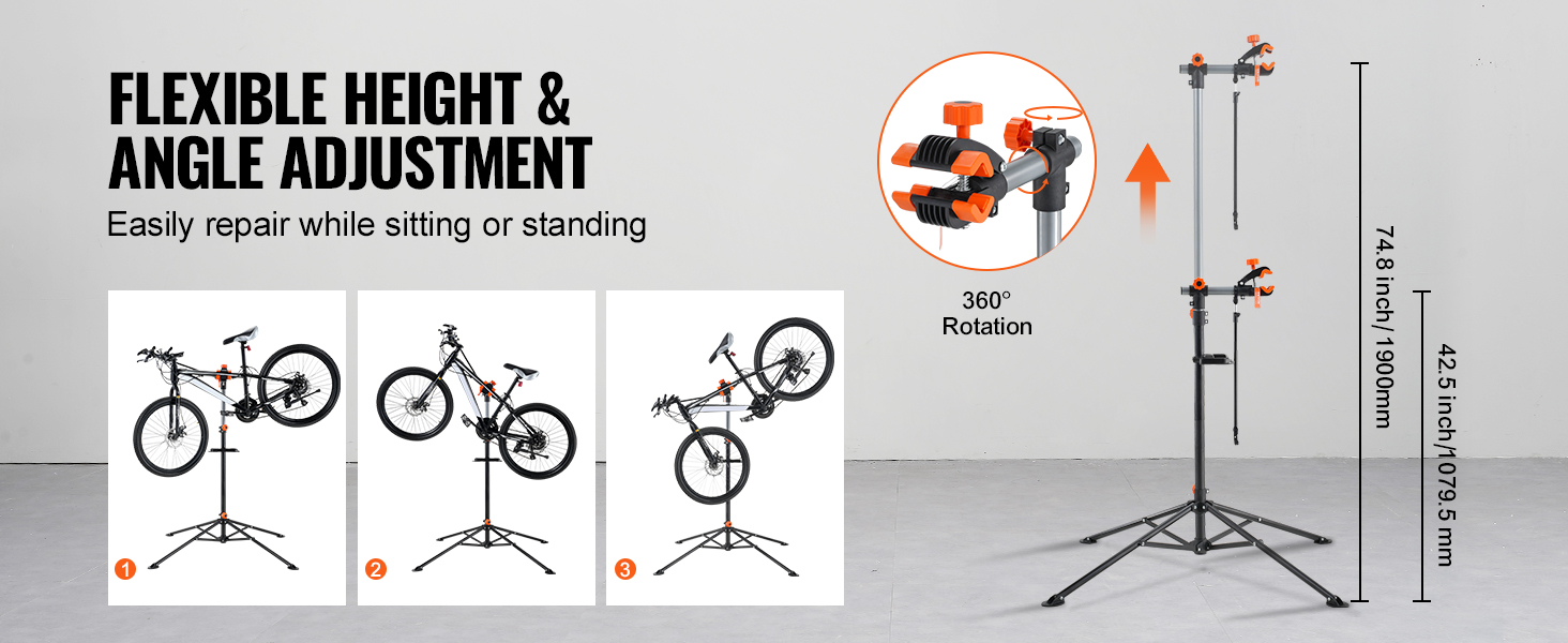 VEVOR bike repair stand with adjustable height, 360° rotation, and stability for easy bike maintenance.
