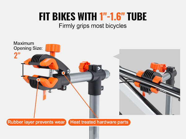 VEVOR bike repair stand fitting 1"-1.6" tubes, max opening 2", rubber layers, heat-treated parts.
