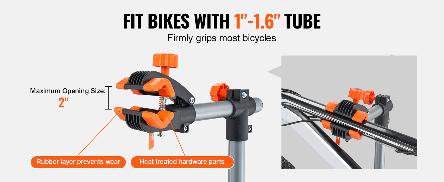 VEVOR bike repair stand fitting 1"-1.6" tubes, max opening 2", rubber layers, heat-treated parts.