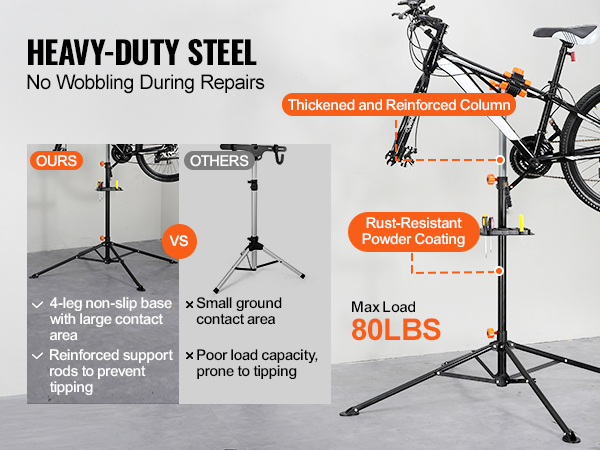 VEVOR bike repair stand with thickened column, non-slip base, holds max load of 80lbs, rust-resistant.