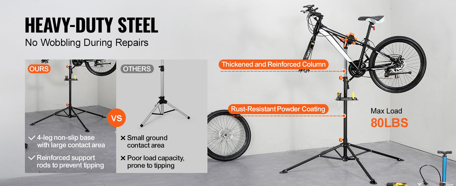 VEVOR bike repair stand with thickened column, non-slip base, holds max load of 80lbs, rust-resistant.