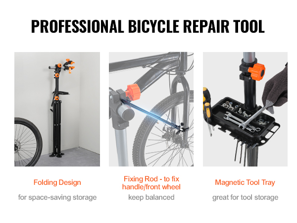 VEVOR bike repair stand with folding design, fixing rod for stability, and magnetic tool tray for storage.