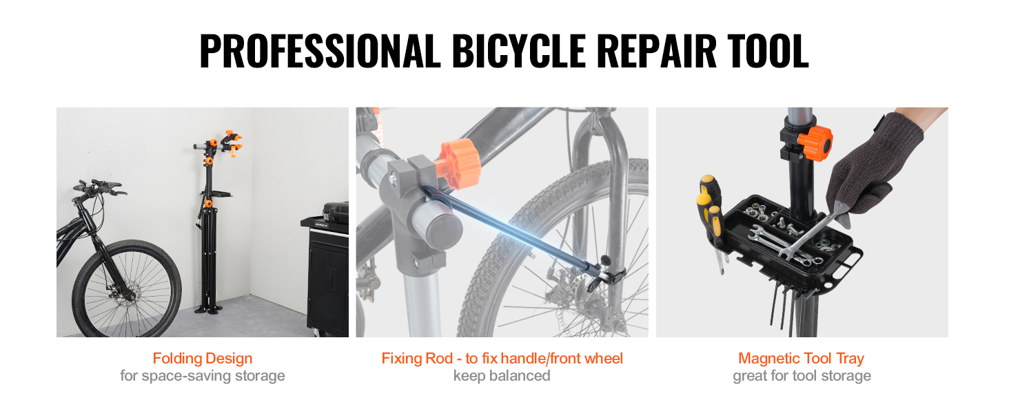 VEVOR bike repair stand with folding design, fixing rod for stability, and magnetic tool tray for storage.