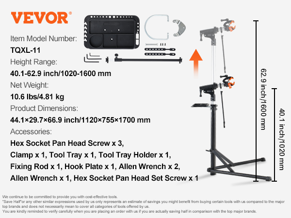 VEVOR bike repair stand tqxl-11 with height range, weight, dimensions, and accessories detailed.