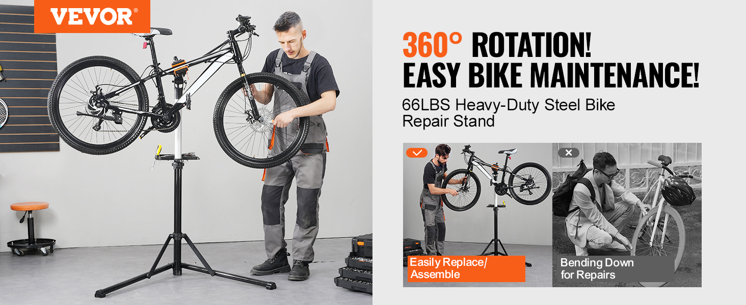 VEVOR bike repair stand, 66lbs capacity, 360° rotation for easy bike maintenance.