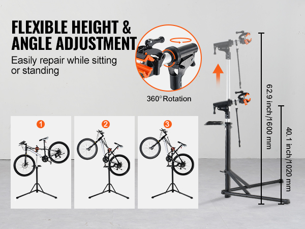 VEVOR bike repair stand offers flexible height and angle adjustment with 360° rotation for easy bike maintenance.