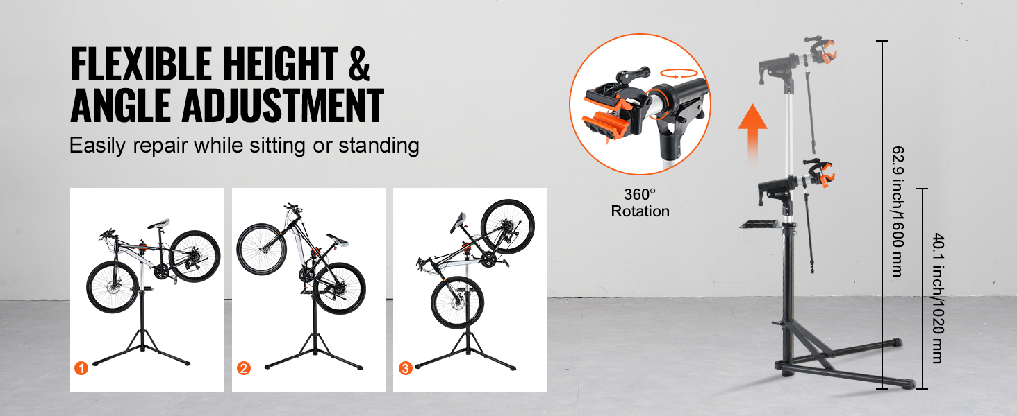 VEVOR bike repair stand offers flexible height and angle adjustment with 360° rotation for easy bike maintenance.