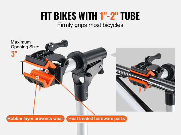 VEVOR bike repair stand fits 1"-2" tubes, opening size 3", rubber layer prevents wear, heat-treated parts.