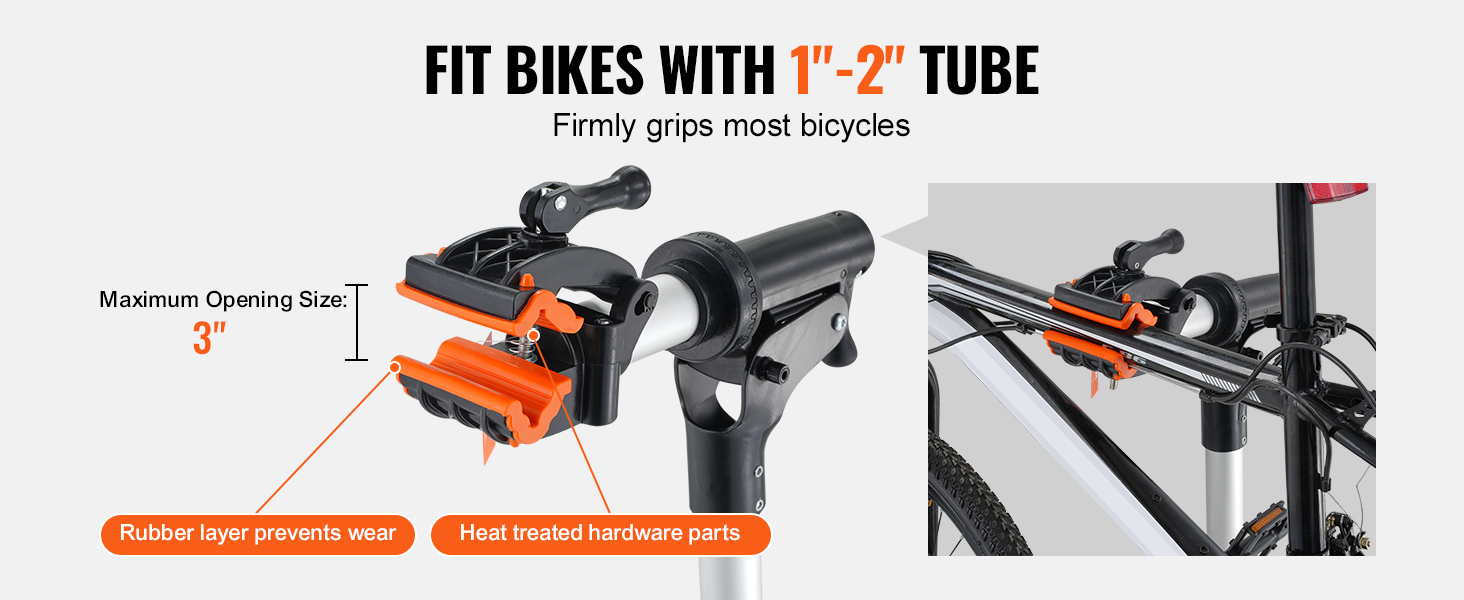 VEVOR bike repair stand fits 1"-2" tubes, opening size 3", rubber layer prevents wear, heat-treated parts.