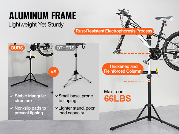 VEVOR bike repair stand with aluminum frame, stable triangular base, and max load 66 lbs.