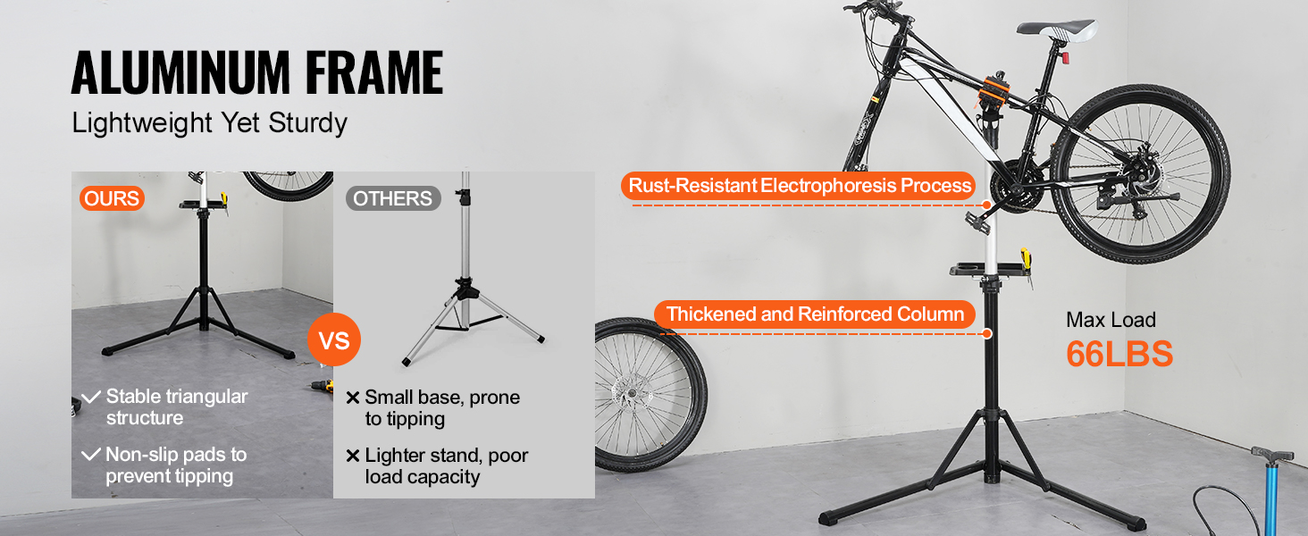 VEVOR bike repair stand with aluminum frame, stable triangular base, and max load 66 lbs.