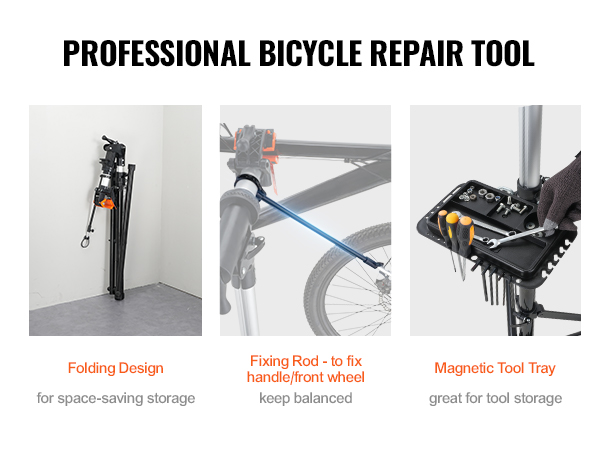 VEVOR bike repair stand with folding design, fixing rod, and magnetic tool tray.
