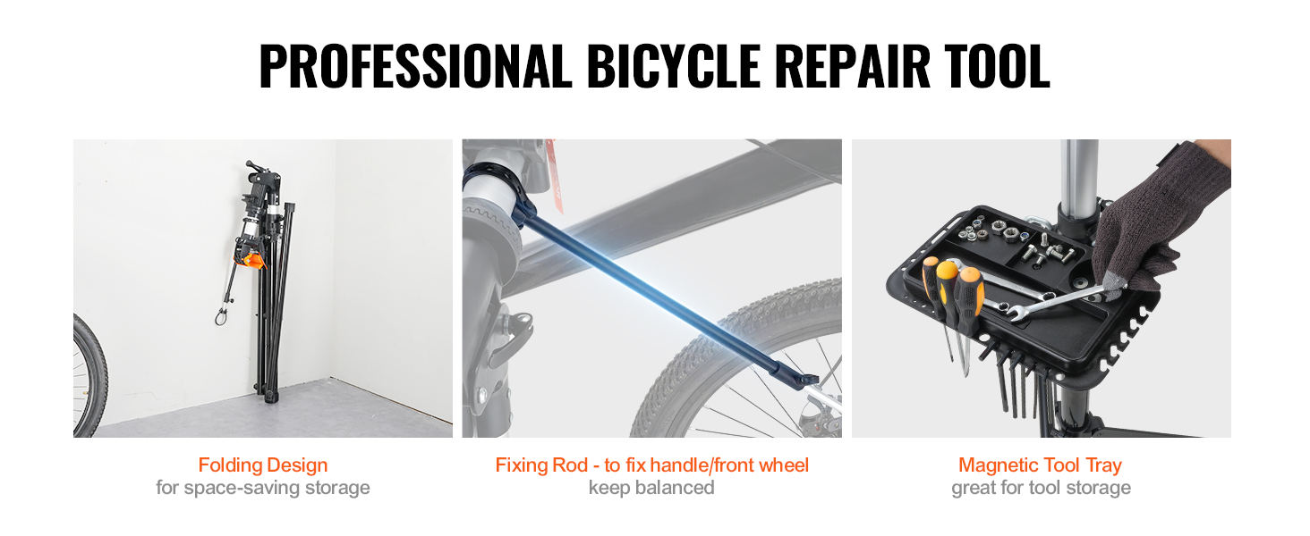 VEVOR bike repair stand with folding design, fixing rod, and magnetic tool tray.