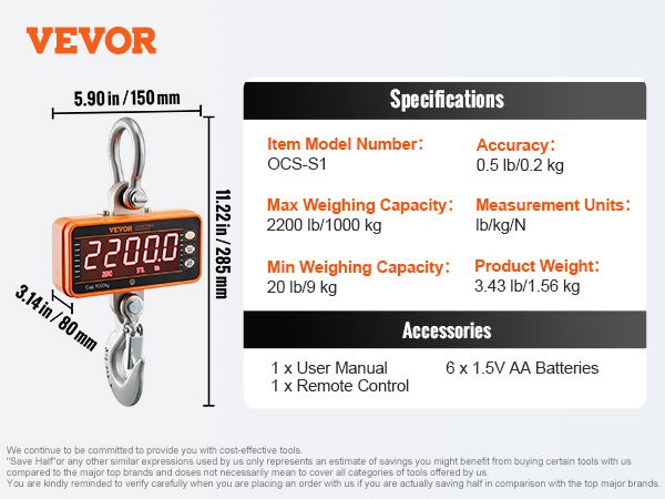 VEVOR digital crane scale specifications and dimensions, including weighing capacity and accessories.