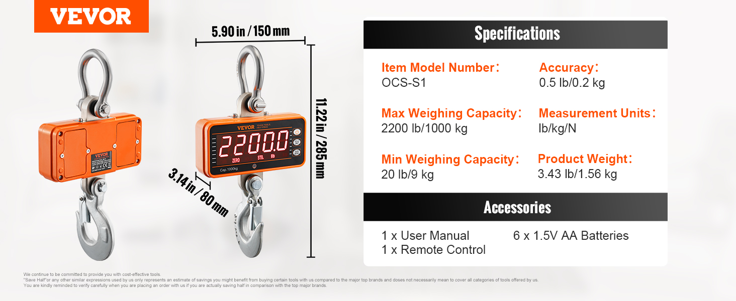 VEVOR digital crane scale specifications and dimensions, including weighing capacity and accessories.