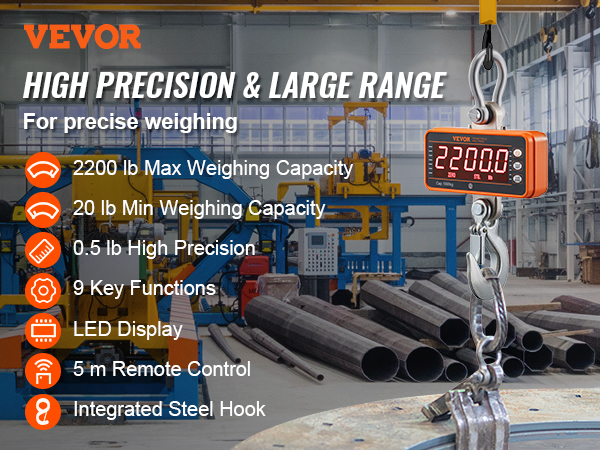 VEVOR digital crane scale in an industrial setting with 2200 lb max weighing capacity and led display.