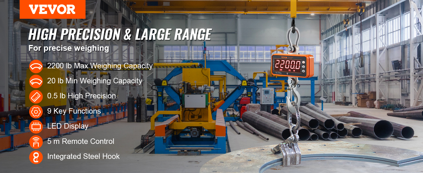 VEVOR digital crane scale in an industrial setting with 2200 lb max weighing capacity and led display.