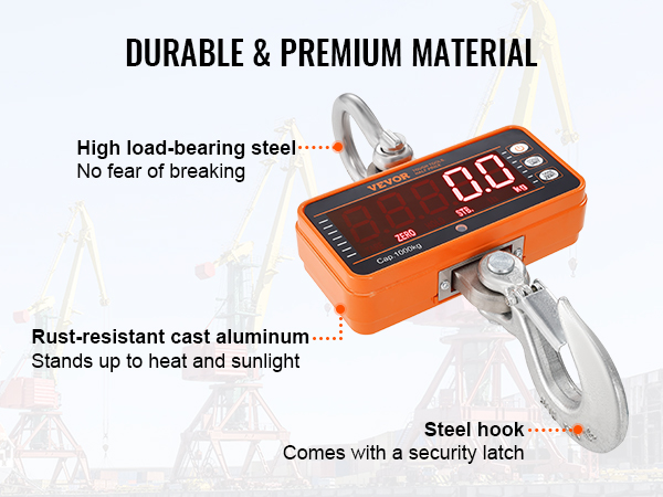 VEVOR digital crane scale with steel hook, rust-resistant aluminum, high load-bearing capacity.