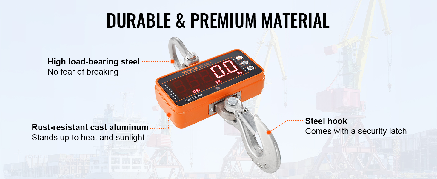 VEVOR digital crane scale with steel hook, rust-resistant aluminum, high load-bearing capacity.