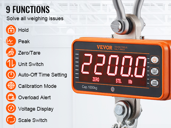 VEVOR digital crane scale displaying weight with 9 functions for optimal weighing solutions. capacity 1000 kg.