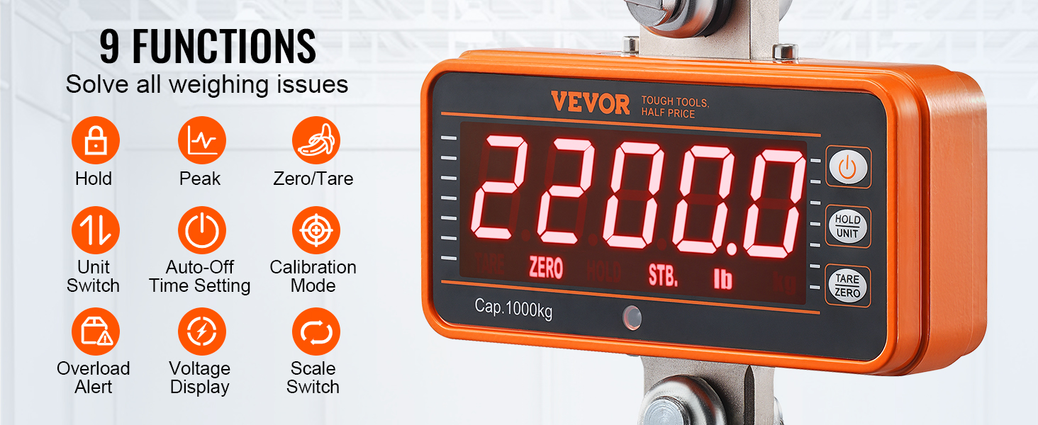 VEVOR digital crane scale displaying weight with 9 functions for optimal weighing solutions. capacity 1000 kg.